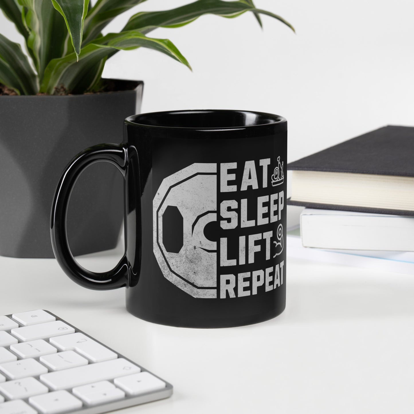 Eat Sleep Lift Repeat Black Glossy Mug