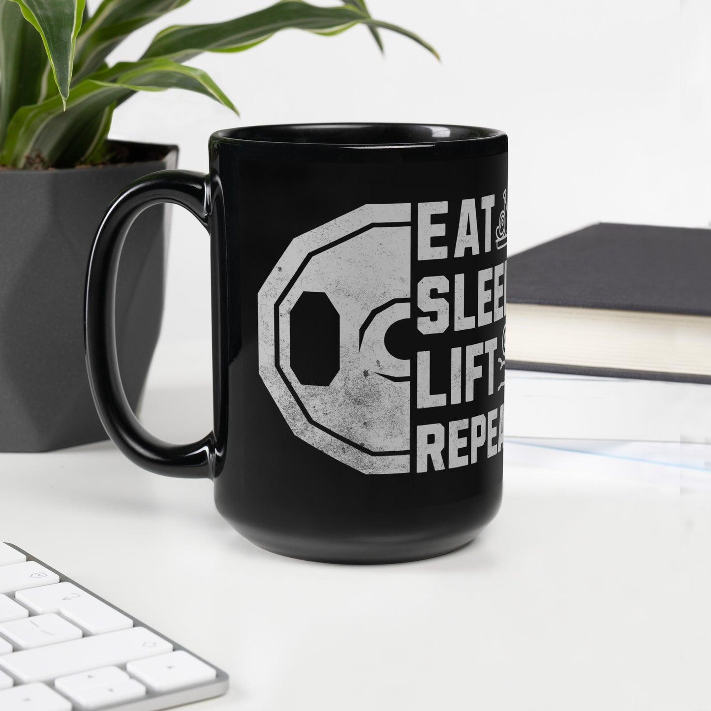 Eat Sleep Lift Repeat Black Glossy Mug